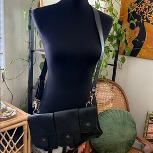 Black Textured Leather Adjustable Strap Crossbody Bag